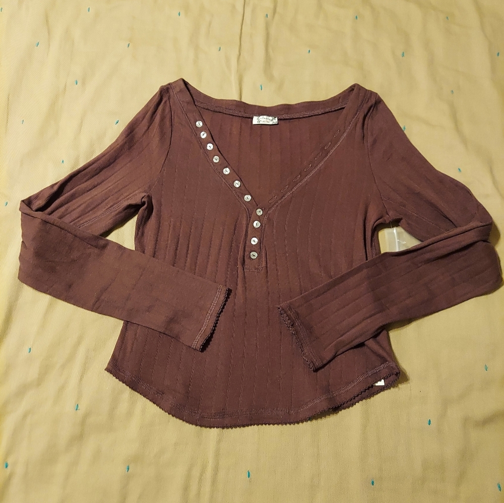 Free People Coffee Chat Long Sleeve Henley Tee Shirt SizeM